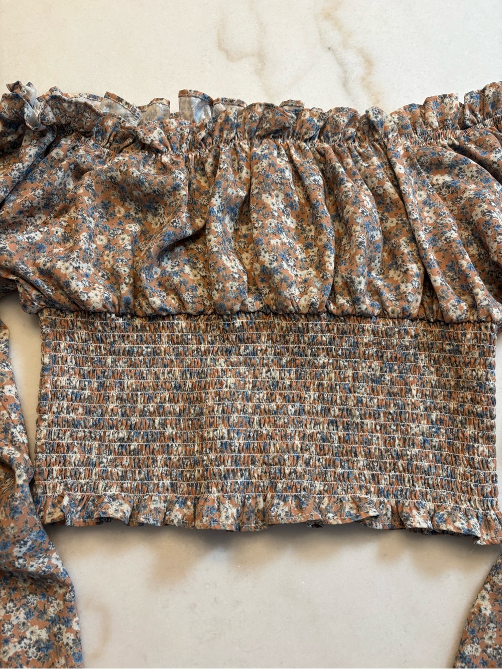Smocked Off-Shoulder Floral Crop Top in Brown - Picture 3 of 4